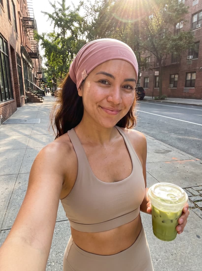 Wearing the cover outdoors, holding a matcha